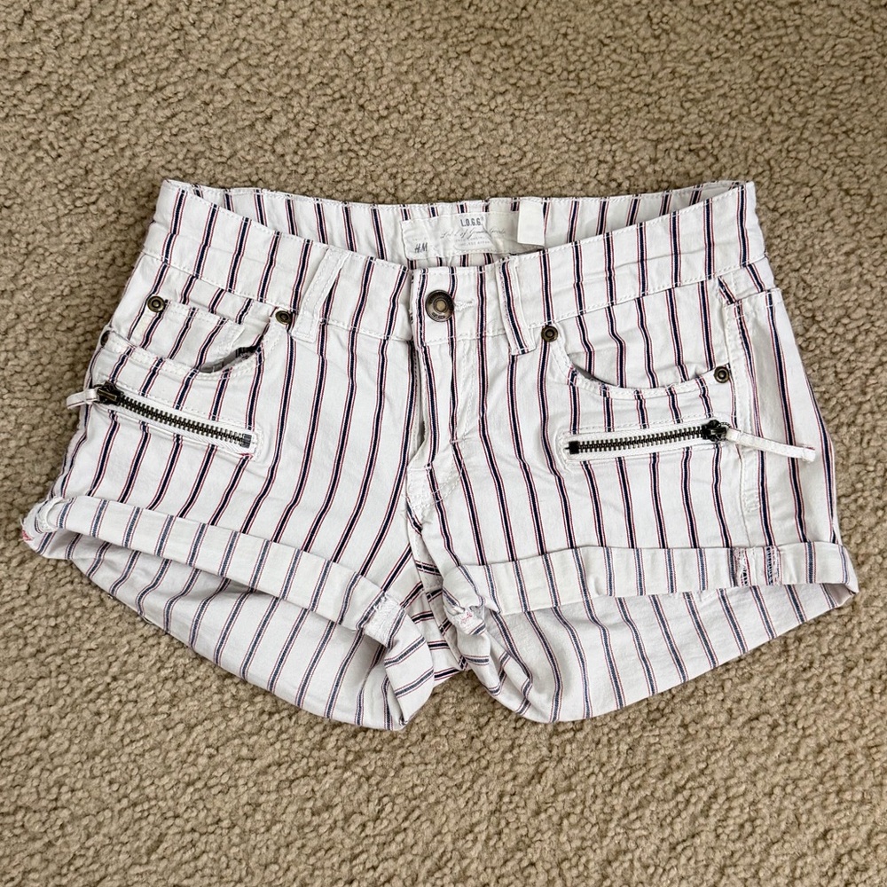 H&M White and Brown Striped Jean Shorts